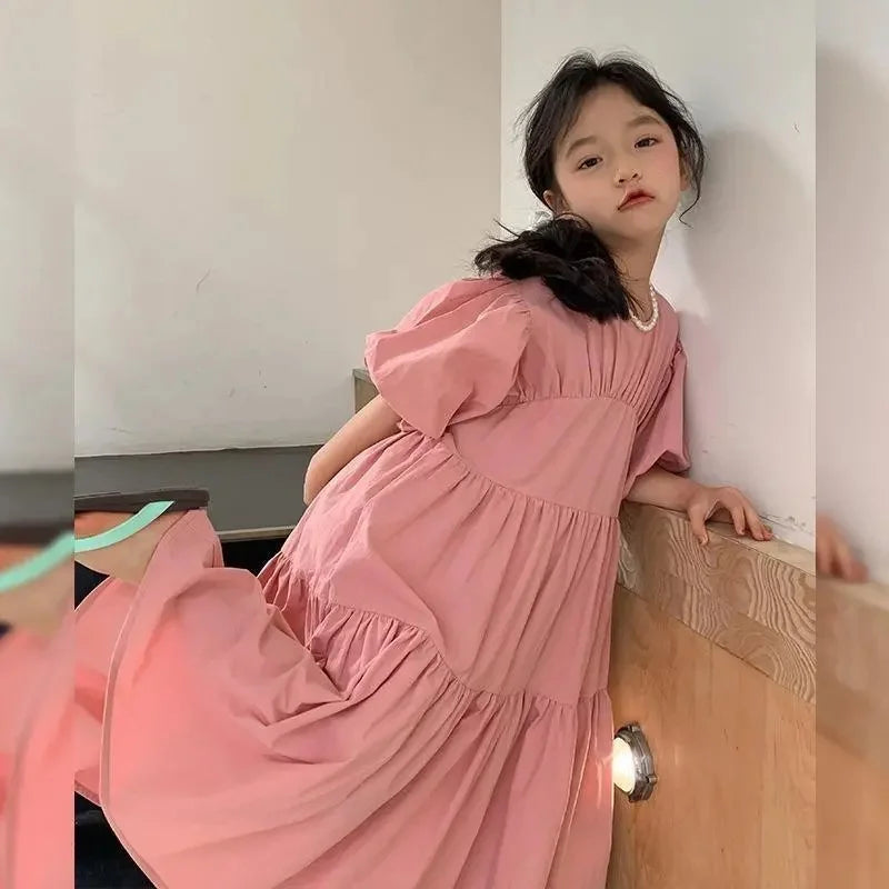 Girl Puff Sleeve Dresses 2024 Princess Cute Puffy Skirt Children Summer Birthday Gown Kids Casual Clothes Teens Fashion Vestidos