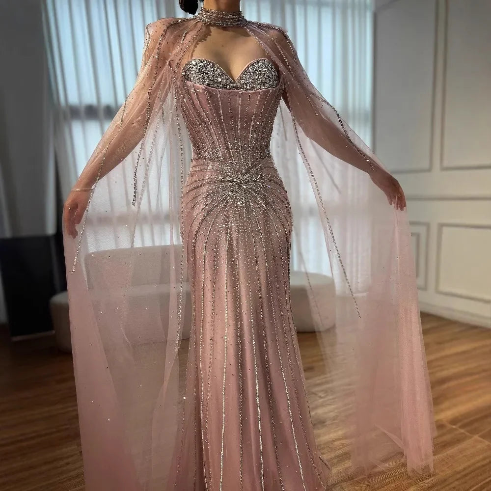 SERENE HILL Customized Arabic Red Luxury Beaded Mermaid Evening Dress 2026 Strapless With Cape Women Party Gown CLA72811A