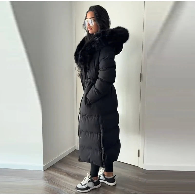Elegant Fur Collar Hood Belt Long Cotton Jacket Women Zipper Drawstring Waist Parka Down Coat 2025 Winter Lady Warm Chic Outwear