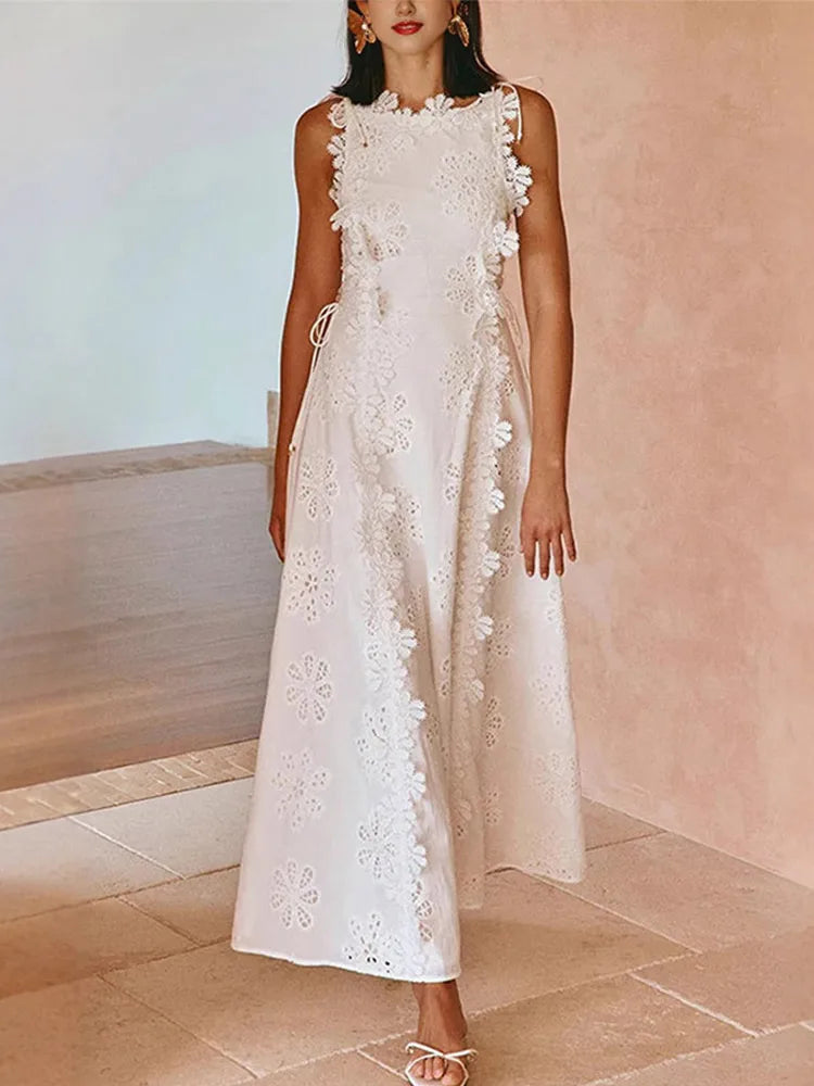 Embroidery Flower Patchwork Long Dress For Women Round Neck Sleeveless Lace Up High Waist Spliced Slim Dresses 2026 Summer New