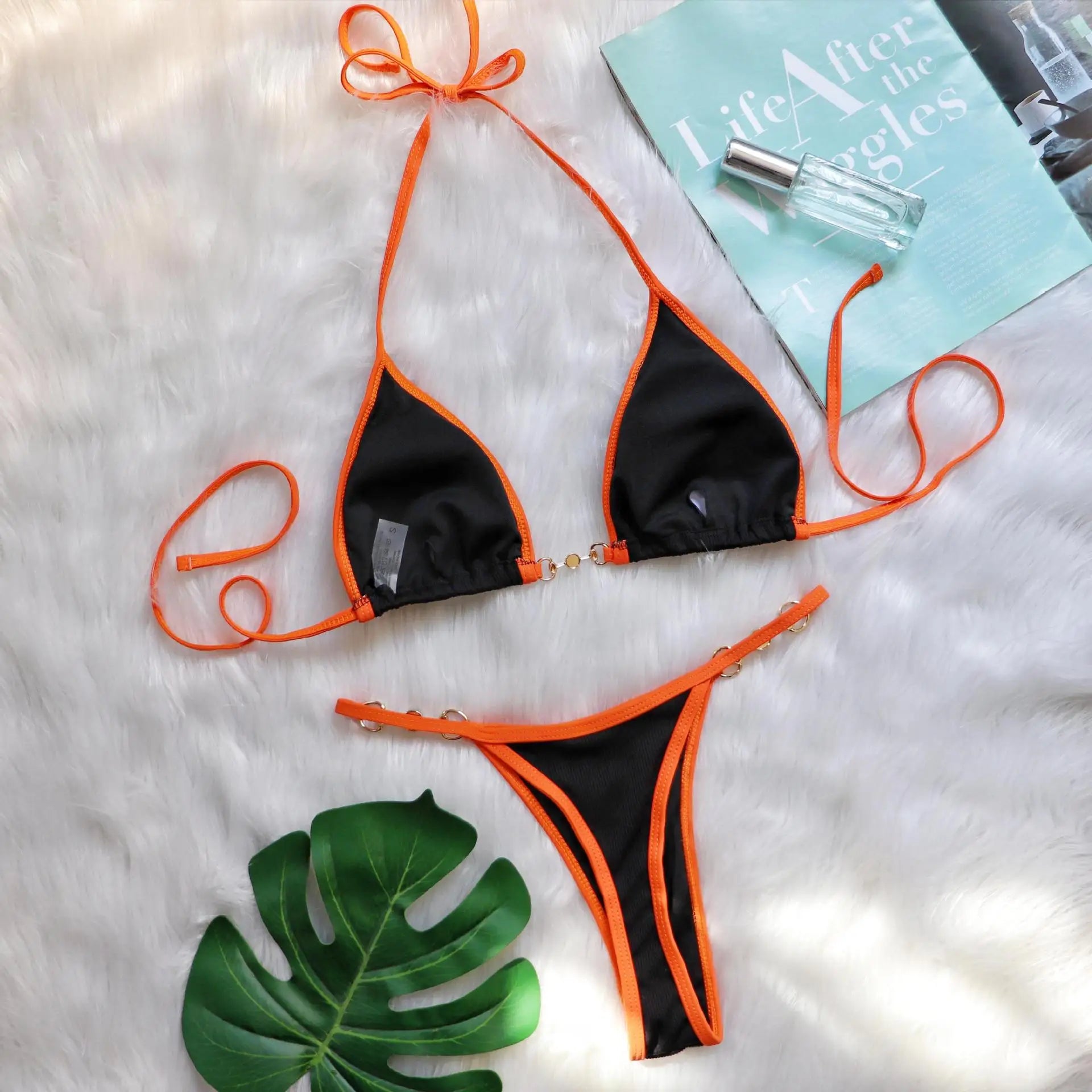 Push Up Micro Bikini Luxury Ribbed Orange Patchwork Ring Pearl Designer Swimsuit Bathing Suit Triangle Swimwear Traje De Baño