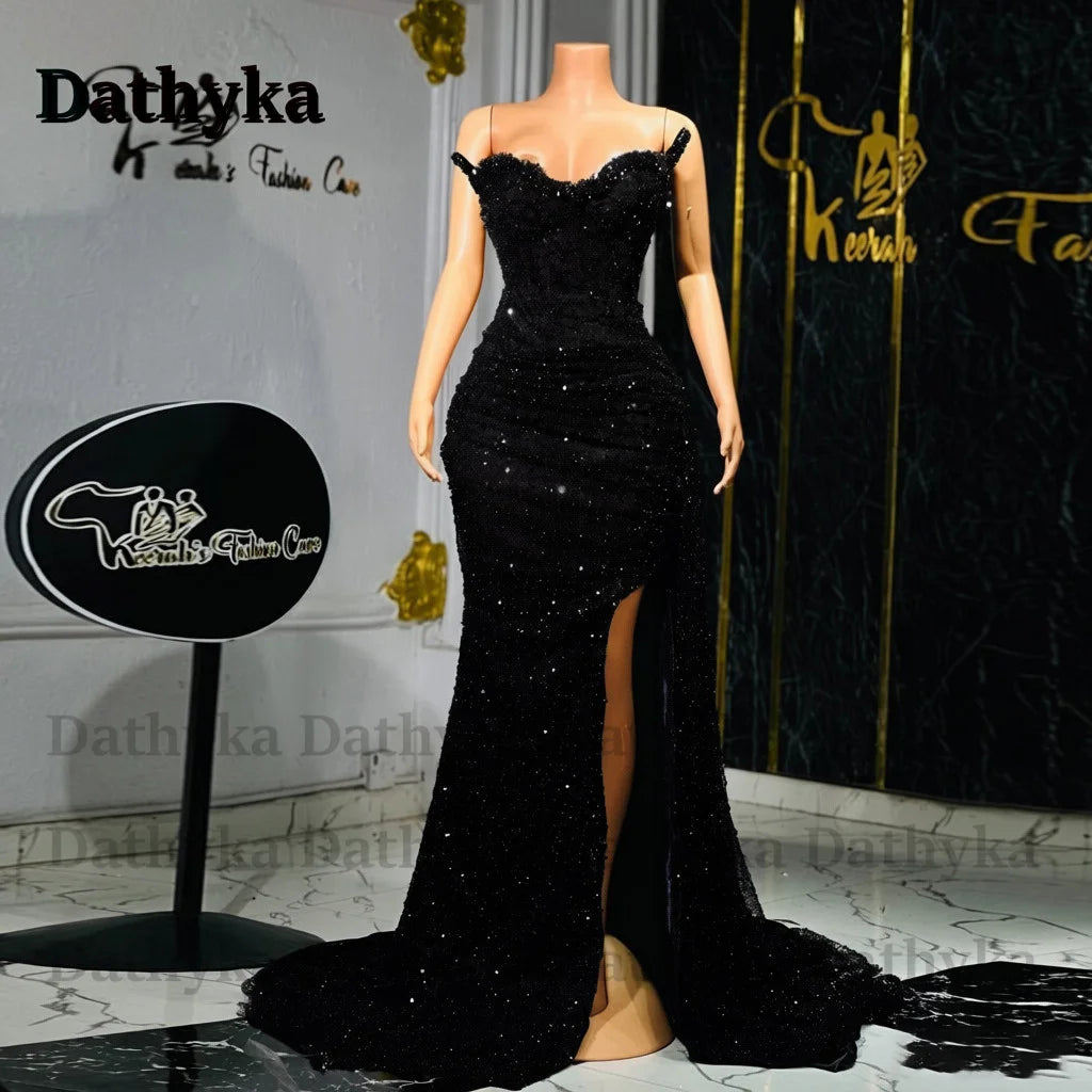 Dathyka Fashionable Crystals Prom Dresses for Women Sequin Mermaid Slit Pleat Strapless Evening Gown Vestidos De Gala Customized