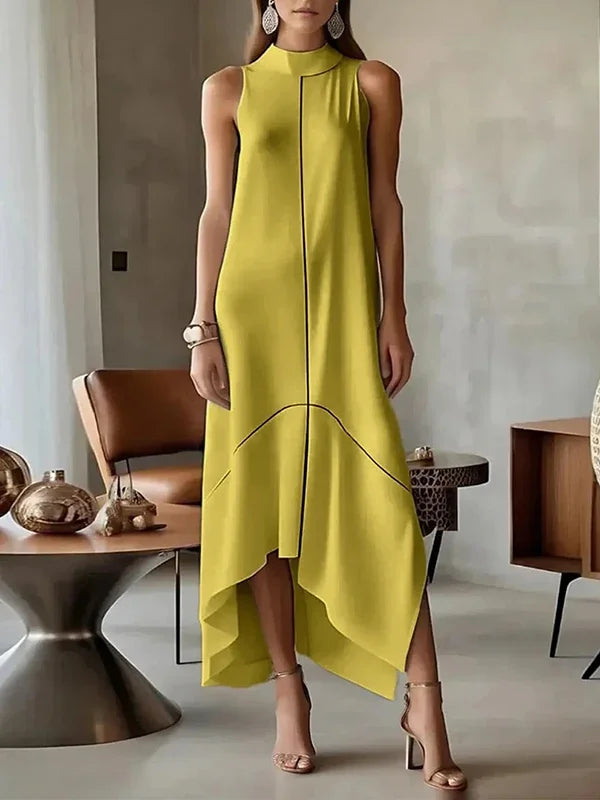 UOOZEE 2025 New Urban Female Office Formal High Neck Maxi Dresses Sleeveless Asymmetrical Elegant Party Prom A-line Dress