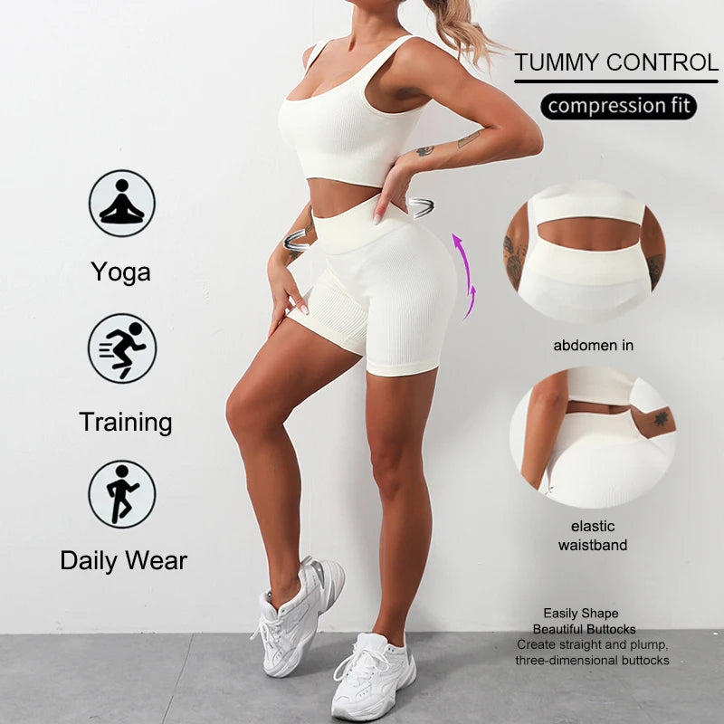 WAREBALL Fashion Sport Wear Gameset Yoga Seamless High Stretch Sports Bra With Biker Shorts Set Casual Workout Women Set