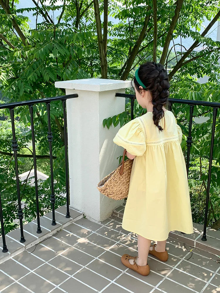 Girls Dress Holiday Style Sweet Bubble Sleeve 2-8Years Old Yellow Pink Knee-length Children's Clothing Princess Dresses